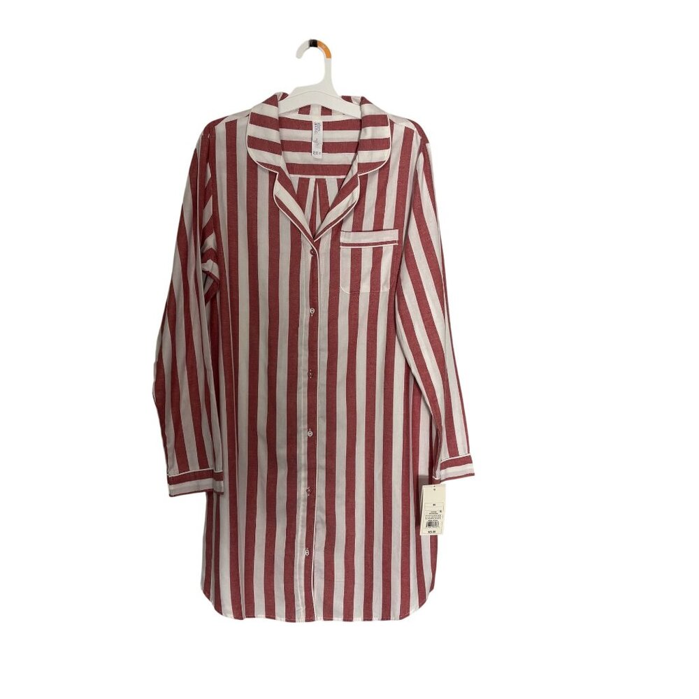 Red & White Striped Button-Down Nightshirt By Stars Above Long Sleeves Flannel M - Picture 2 of 10